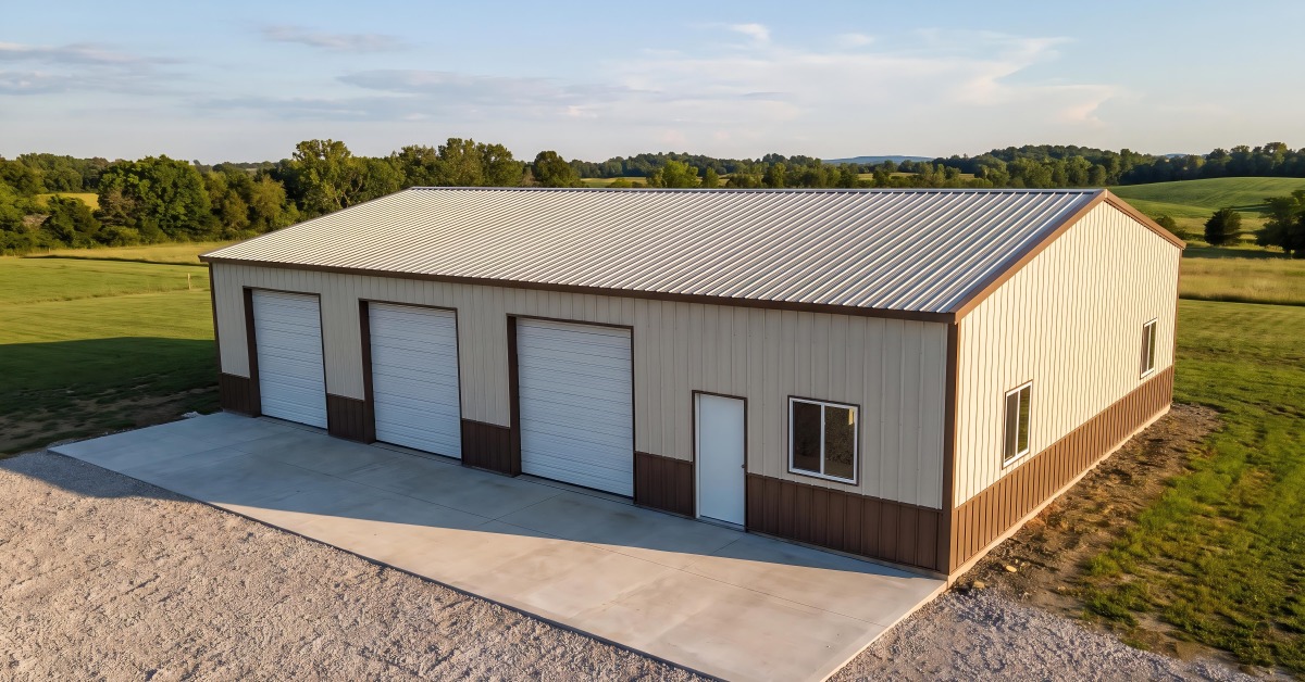 A large metal commercial building features three overhead doors, a concrete apron, and surrounding open land.