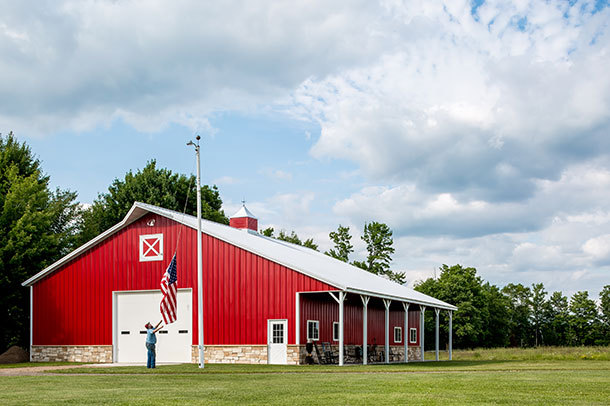 Beautiful hobby shop pole barn with accessories